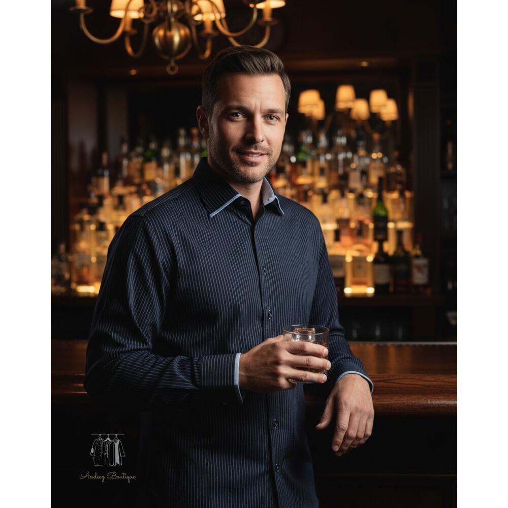 Au‎ Noir Massarotti Mens 43/17 Navy Dark Blue Pinstripe Stretch Button Up Shirt